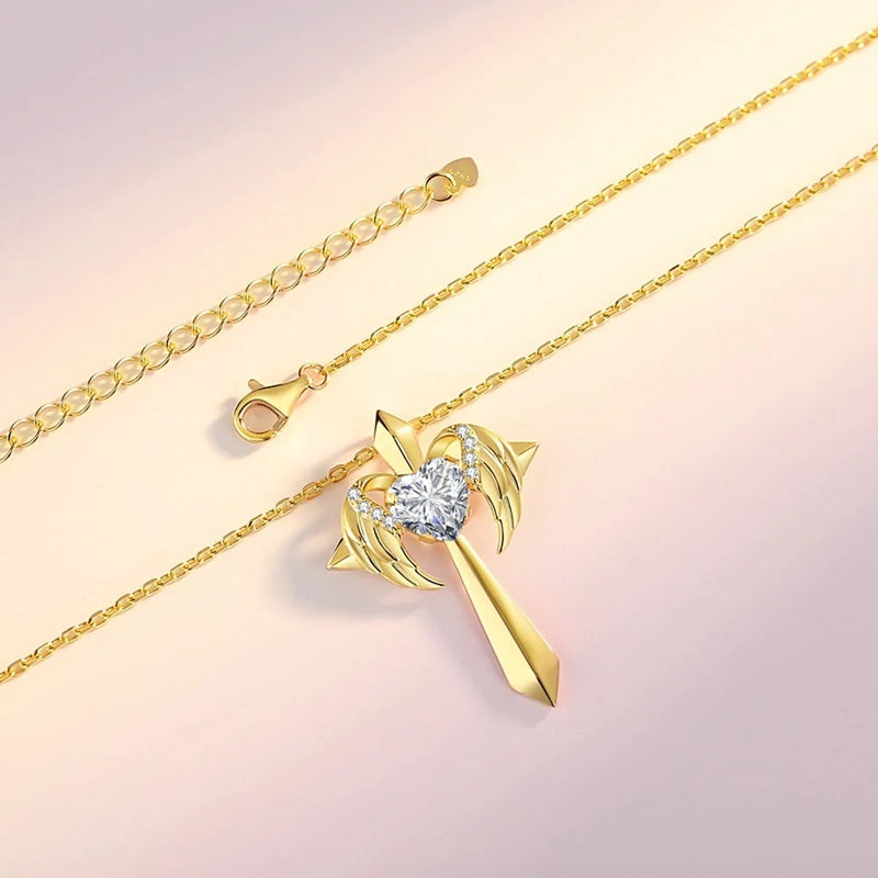 Birthstone Zirconia - Angel Wings Cross Necklace