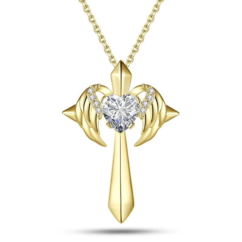 Birthstone Zirconia - Angel Wings Cross Necklace