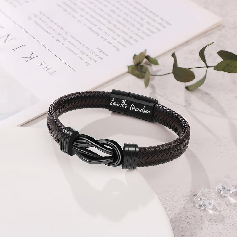 "Grandma and Grandson Forever Linked Together" Black Braided Leather Bracelets