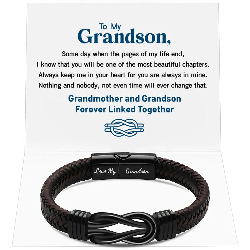 "Grandma and Grandson Forever Linked Together" Black Braided Leather Bracelets
