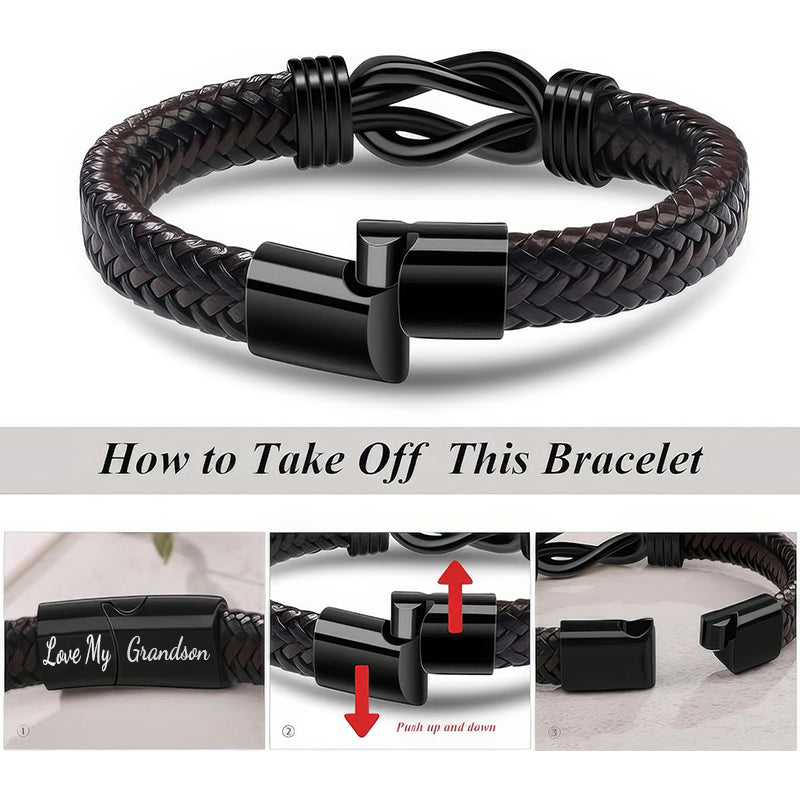 "Grandma and Grandson Forever Linked Together" Black Braided Leather Bracelets