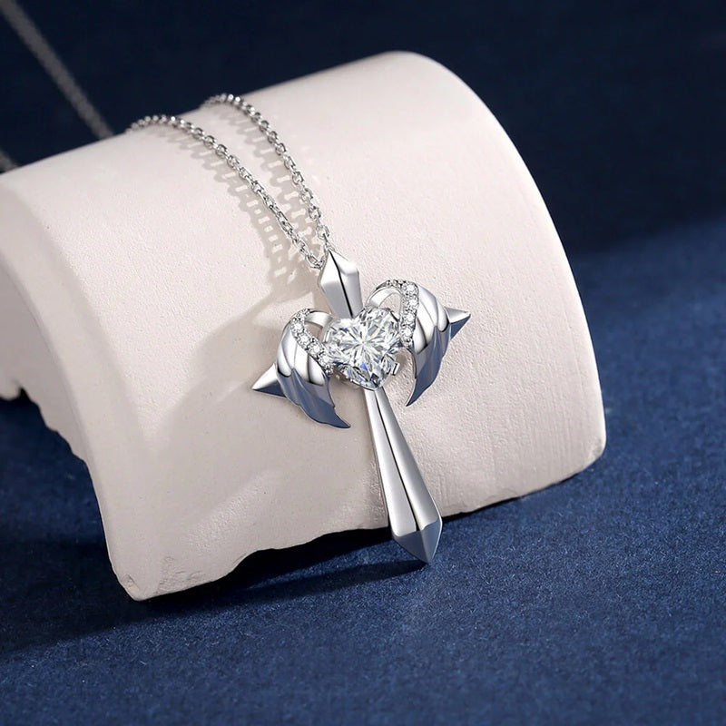 Birthstone Zirconia - Angel Wings Cross Necklace