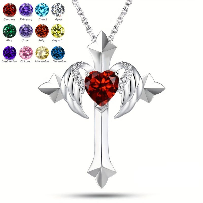 Birthstone Zirconia - Angel Wings Cross Necklace
