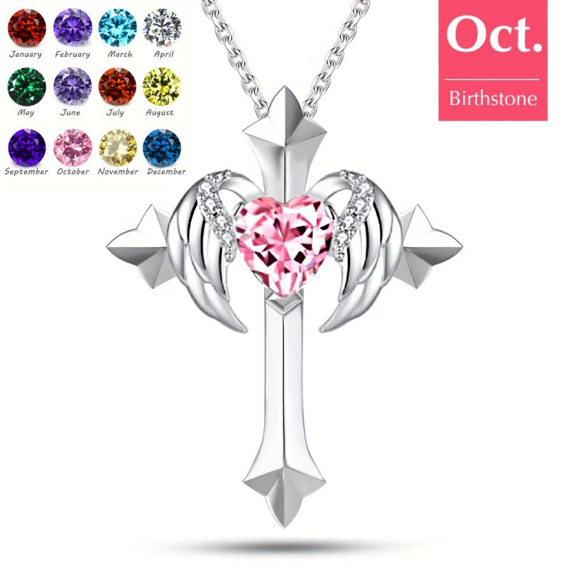 Birthstone Zirconia - Angel Wings Cross Necklace
