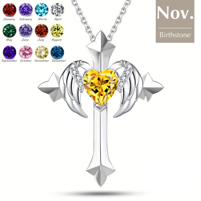 Birthstone Zirconia - Angel Wings Cross Necklace