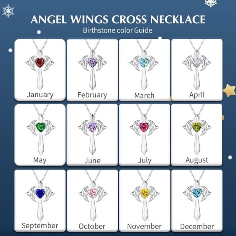 Birthstone Zirconia - Angel Wings Cross Necklace