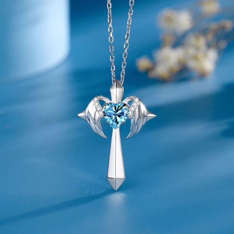 Birthstone Zirconia - Angel Wings Cross Necklace