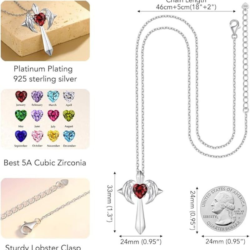 Birthstone Zirconia - Angel Wings Cross Necklace
