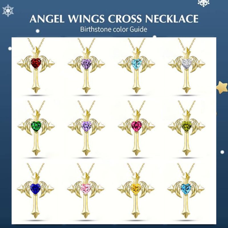 Birthstone Zirconia - Angel Wings Cross Necklace