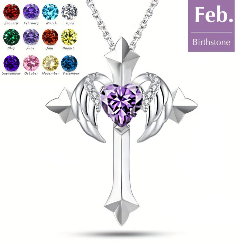Birthstone Zirconia - Angel Wings Cross Necklace