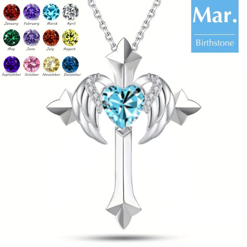 Birthstone Zirconia - Angel Wings Cross Necklace