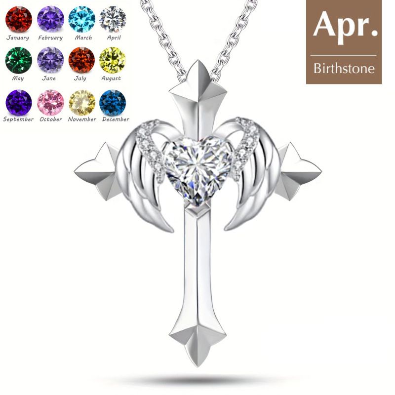 Birthstone Zirconia - Angel Wings Cross Necklace