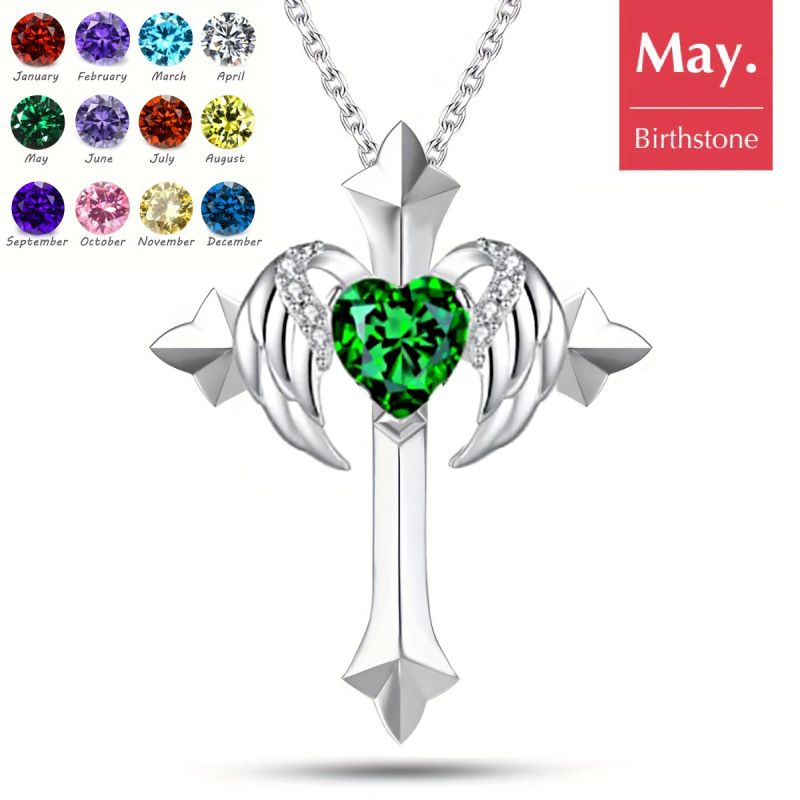 Birthstone Zirconia - Angel Wings Cross Necklace