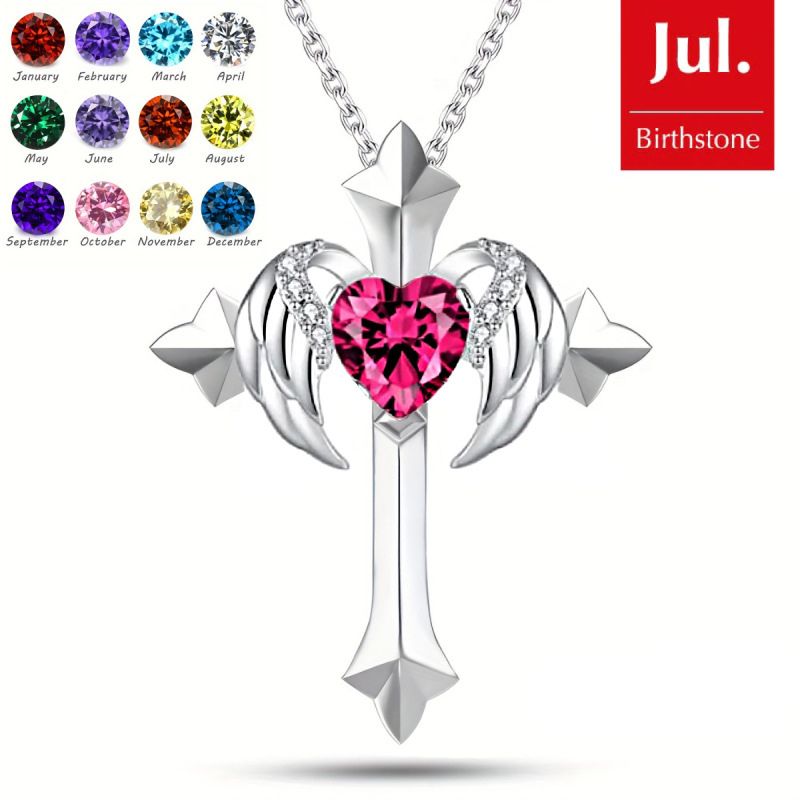 Birthstone Zirconia - Angel Wings Cross Necklace