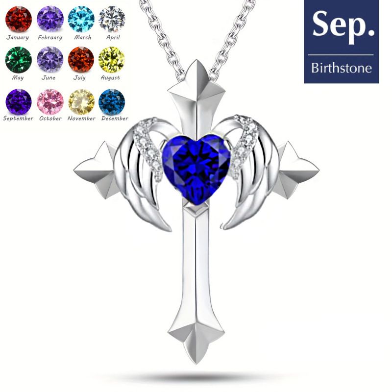 Birthstone Zirconia - Angel Wings Cross Necklace