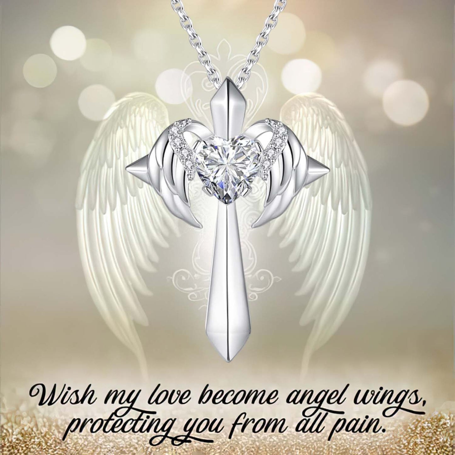 Birthstone Zirconia - Angel Wings Cross Necklace