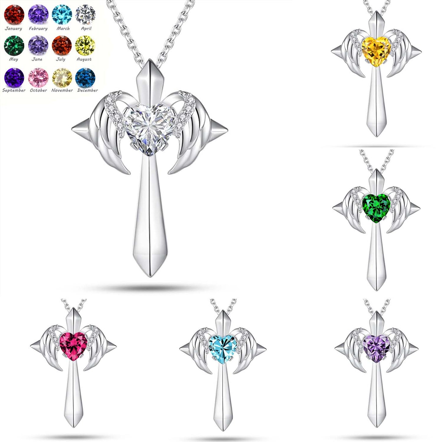 Birthstone Zirconia - Angel Wings Cross Necklace