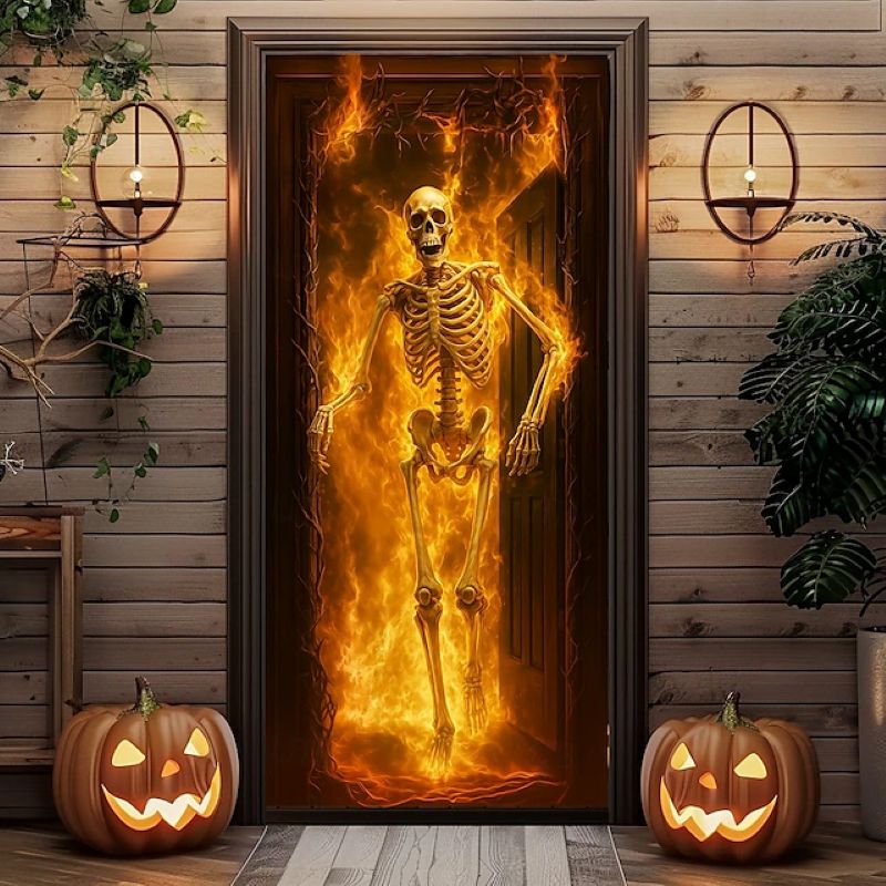 Halloween Spooky Door Covers Fiery Skeleton SC017