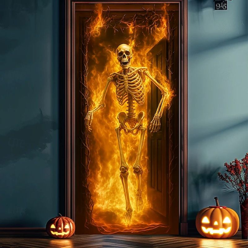 Halloween Spooky Door Covers Fiery Skeleton SC017