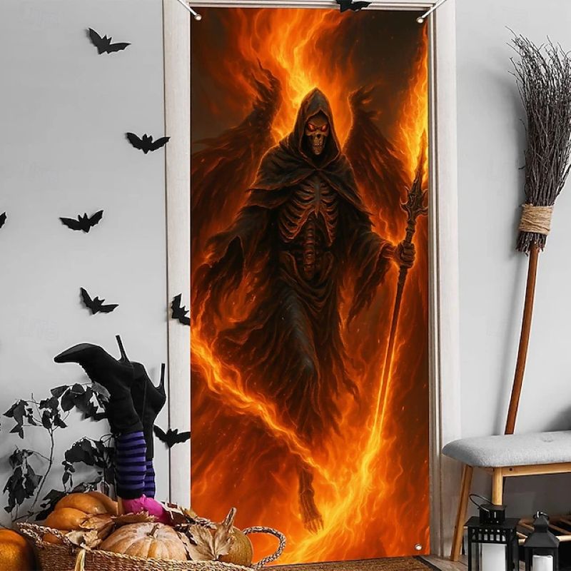 Halloween Spooky Door Covers Fiery Skeleton SC018
