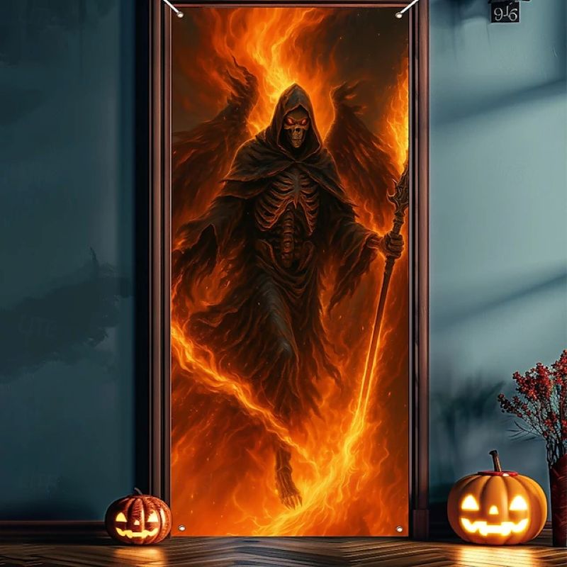 Halloween Spooky Door Covers Fiery Skeleton SC018