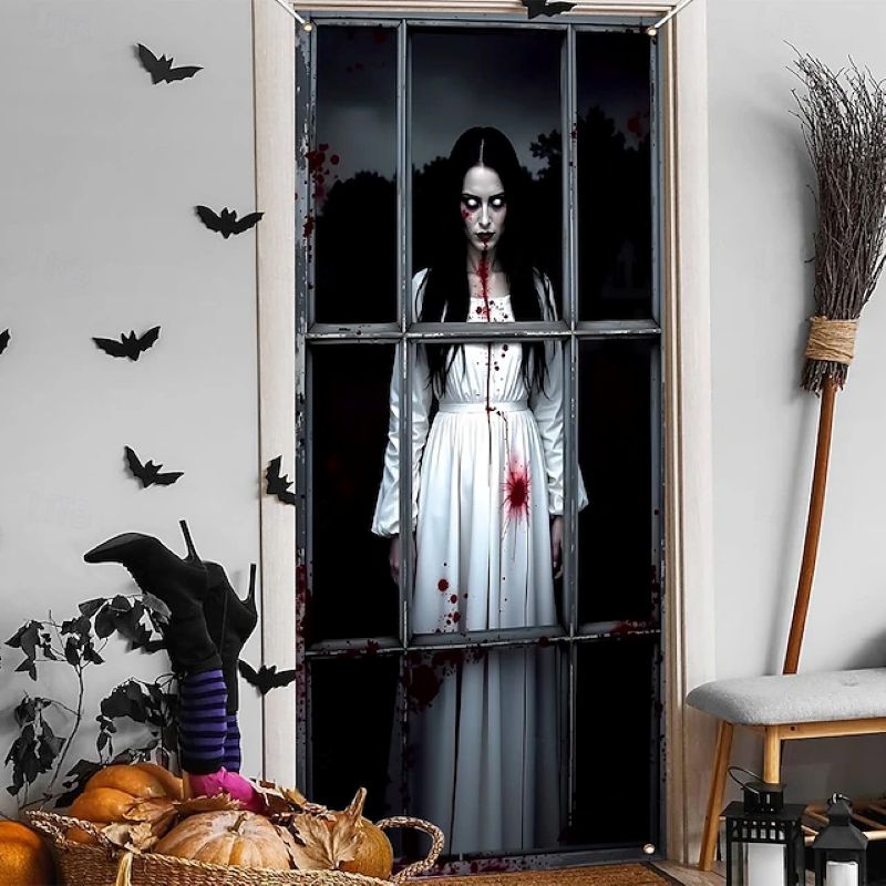 Halloween Spooky Door Covers Scary Bloody Ghost Woman SC034