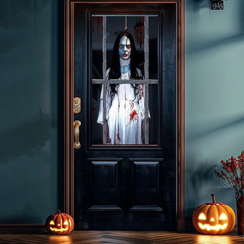 Halloween Spooky Door Covers Creepy Ghost Girl Behind Glass Door SC036