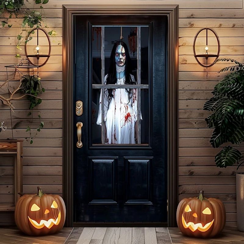 Halloween Spooky Door Covers Creepy Ghost Girl Behind Glass Door SC036