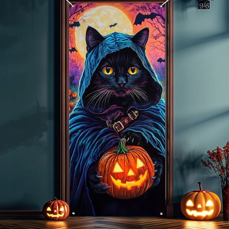 Halloween Spooky Door Covers Mysterious Black Cat SC042