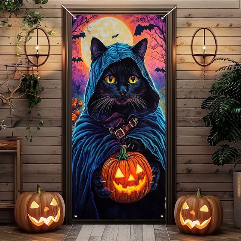 Halloween Spooky Door Covers Mysterious Black Cat SC042