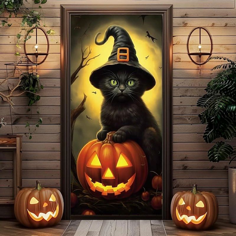 Halloween Spooky Door Covers Black Cat Pumpkin SC050