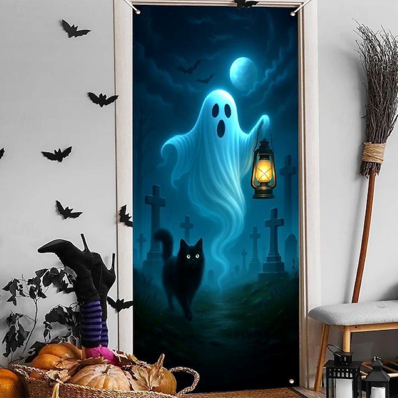 Halloween Spooky Door Covers Cute Ghost and Black Cat SC056