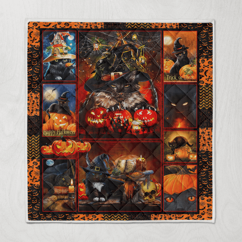 Halloween Black Cat Quilted Blanket NCU0PD489