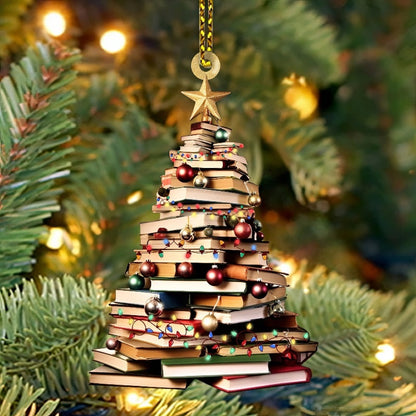 Christmas Book Tree Ornament, Book Lover Christmas Ornament【PS: This product is flat acrylic hanging type, Not 3D】
