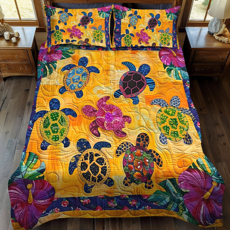 Hibiscus Turtle 3-Piece Quilted Bedding Set【Includes two pillowcases and a quilt】