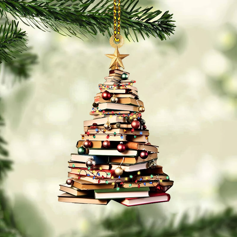 Christmas Book Tree Ornament, Book Lover Christmas Ornament【PS: This product is flat acrylic hanging type, Not 3D】