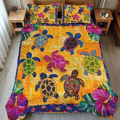 Hibiscus Turtle 3-Piece Quilted Bedding Set【Includes two pillowcases and a quilt】