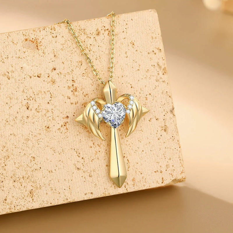Birthstone Zirconia - Angel Wings Cross Necklace