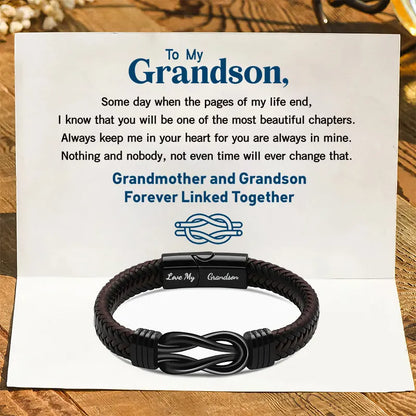 "Grandma and Grandson Forever Linked Together" Black Braided Leather Bracelets