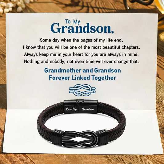 "Grandma and Grandson Forever Linked Together" Black Braided Leather Bracelets