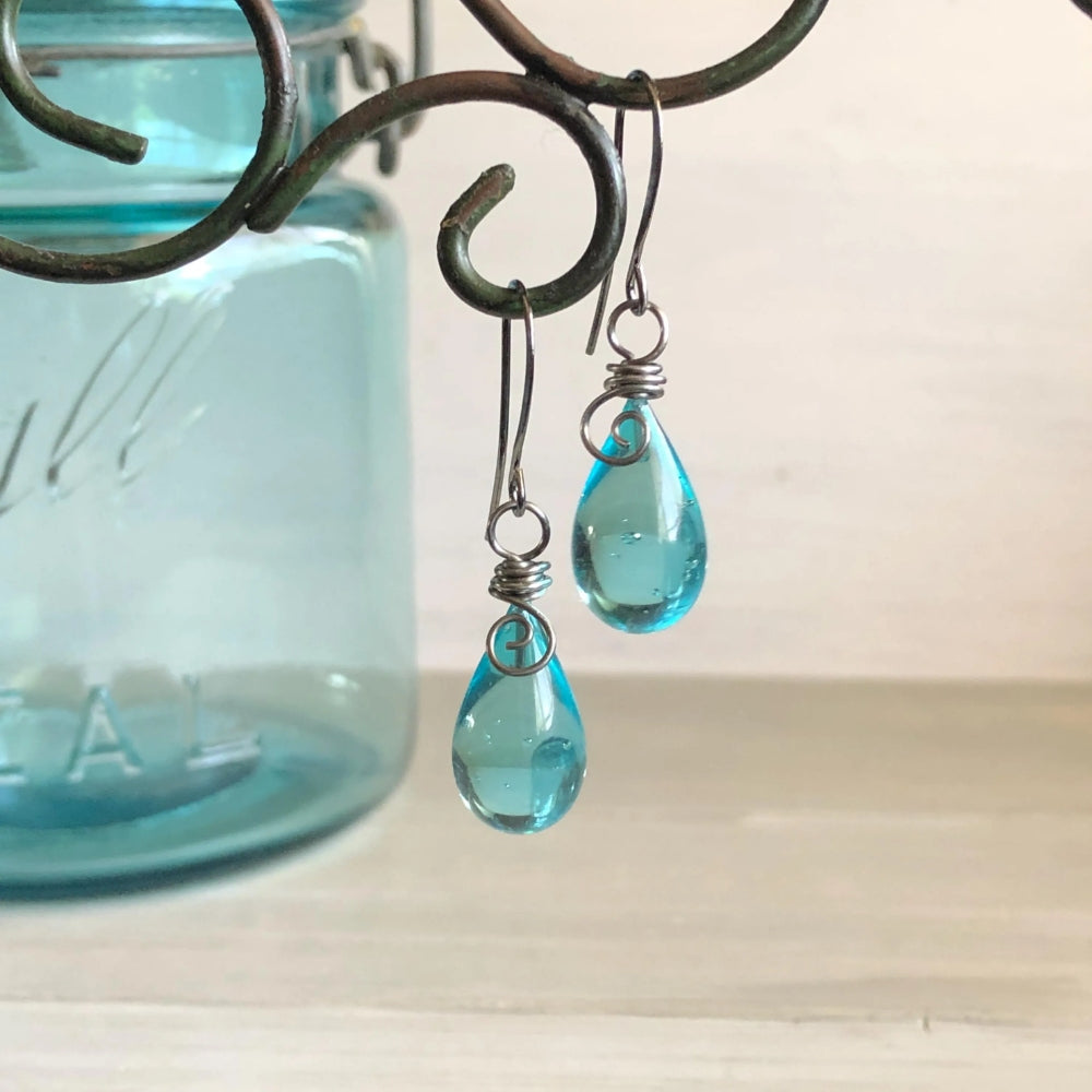 Teardrop Mason Jar Earrings: Recycled Vintage Glass