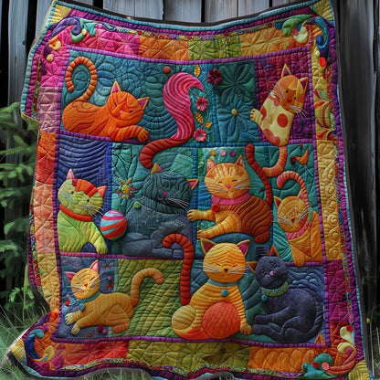 Cute Cats And Colorful Yarns Blanket- D201 - Premium Blanket