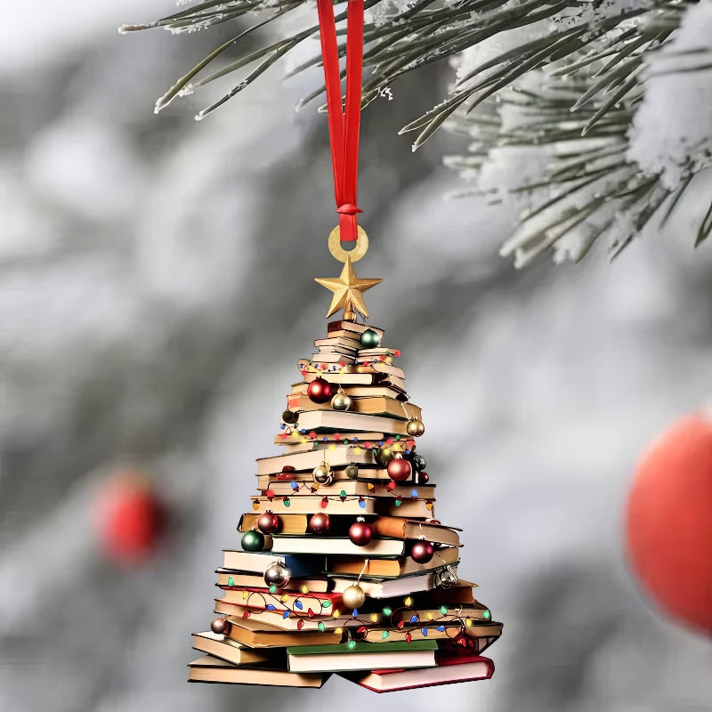 Christmas Book Tree Ornament, Book Lover Christmas Ornament【PS: This product is flat acrylic hanging type, Not 3D】