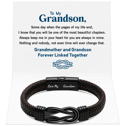 "Grandma and Grandson Forever Linked Together" Black Braided Leather Bracelets