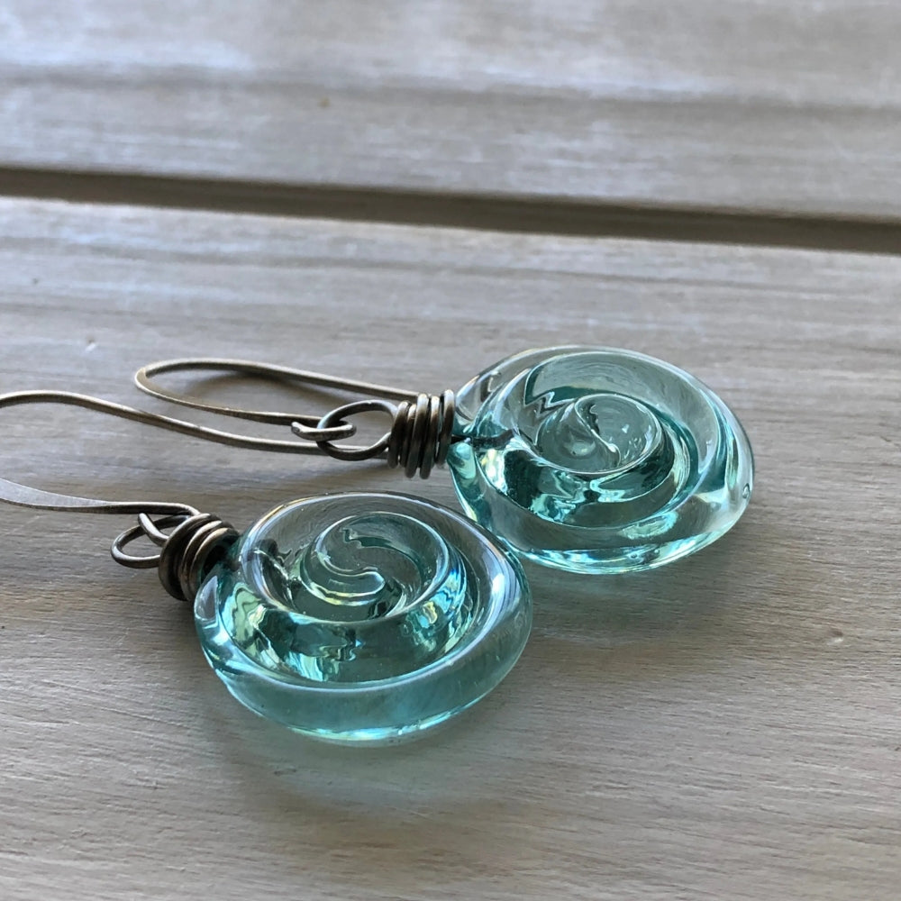 Recycled Glass Spiral Earrings: Upcycled Mason Jar Dangles
