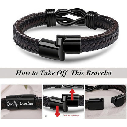 "Grandma and Grandson Forever Linked Together" Black Braided Leather Bracelets
