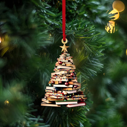 Christmas Book Tree Ornament, Book Lover Christmas Ornament【PS: This product is flat acrylic hanging type, Not 3D】