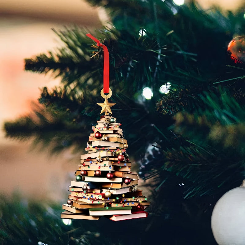 Christmas Book Tree Ornament, Book Lover Christmas Ornament【PS: This product is flat acrylic hanging type, Not 3D】