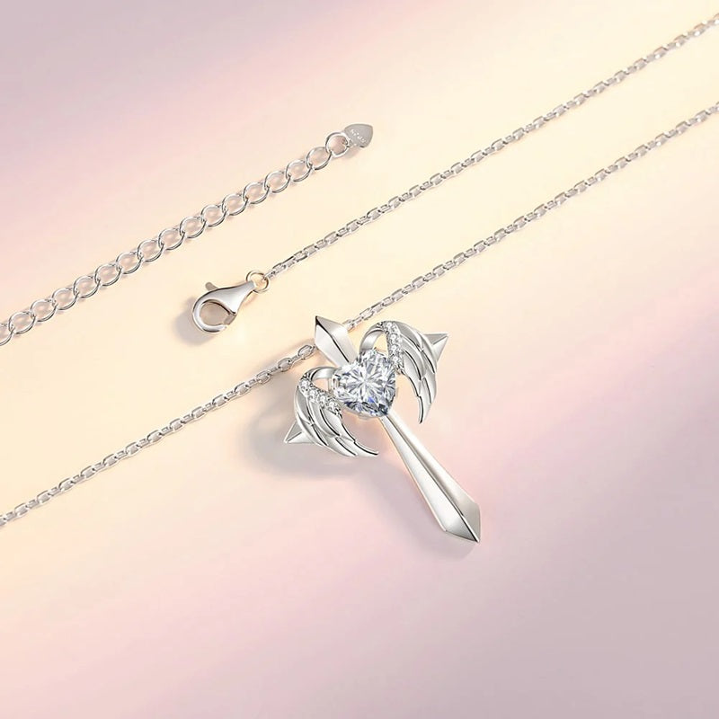 Birthstone Zirconia - Angel Wings Cross Necklace