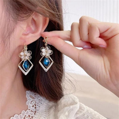 Flower Zircon Rhombic Sapphire Drop Earrings(925Silver)